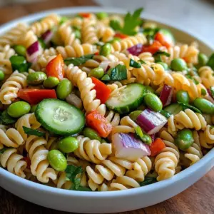 Colorful Asian Pasta Salad with vegetables and dressing in a bowl