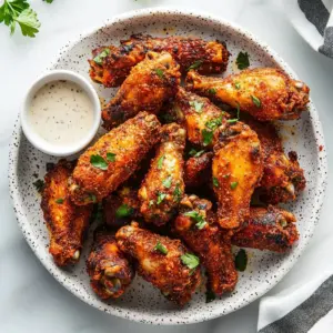Delicious baked dry rub chicken wings on a plate, ready to be enjoyed.