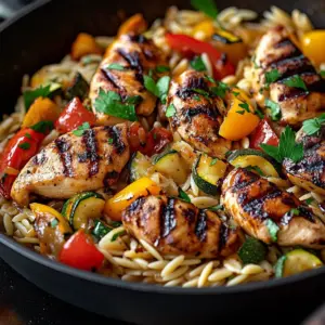 Balsamic chicken served with orzo and vegetables on a plate