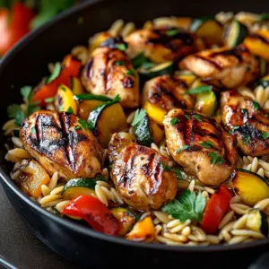 Balsamic chicken served with orzo and vibrant vegetables on a plate