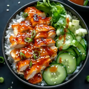 Delicious Bang Bang Chicken Bowl with colorful veggies and spicy sauce