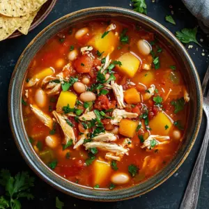 Bowl of BBQ Chicken Soup garnished with herbs