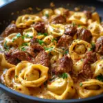 Cheesesteak tortellini with creamy provolone sauce served in a bowl.