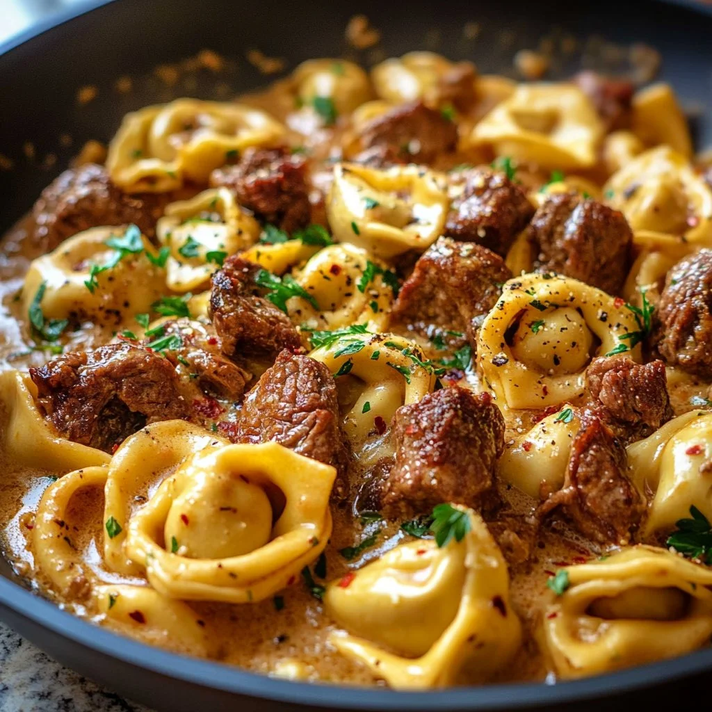 Cheesesteak Tortellini in Creamy Provolone Sauce