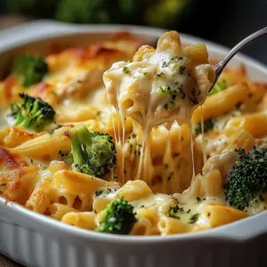 Cheesy Chicken Broccoli Alfredo Bake topped with melted cheese and broccoli