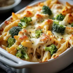 Cheesy Chicken Broccoli Alfredo Bake, a creamy and delicious comfort food dish.