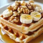 Chewy banana oat waffles stacked on a plate with syrup and fruit