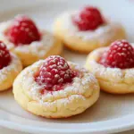 Chewy raspberry sugar cookies on a plate with fresh raspberries