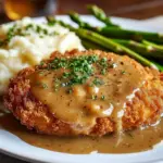 Delicious chicken fried steak topped with creamy gravy on a plate.