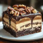 Delicious Chocolate Pecan Cheesecake topped with pecans and chocolate cream.