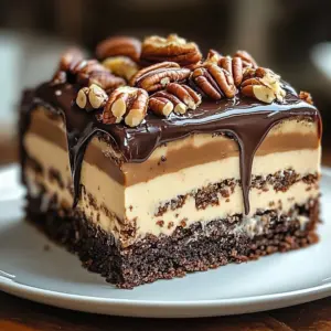 Delicious Chocolate Pecan Cheesecake topped with pecans and chocolate cream.