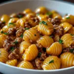 Plate of creamy beef and shells pasta dish with herbs and cheese on top