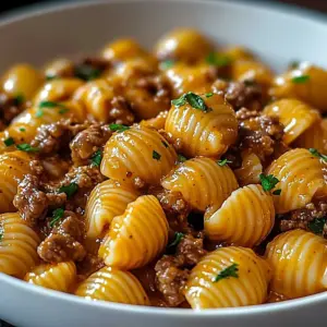 Plate of creamy beef and shells pasta dish with herbs and cheese on top