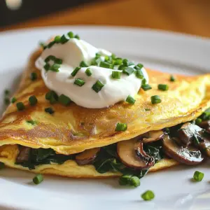 Creamy breakfast mushroom and spinach omelette with herbs