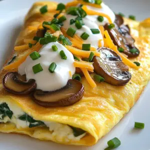 Creamy mushroom spinach omelette served on a plate for breakfast