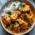 Creamy butternut squash butter chicken served in a bowl with garnishes
