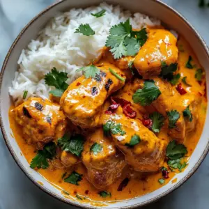 Creamy butternut squash butter chicken served in a bowl with garnishes