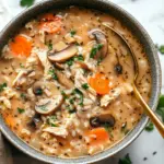 Bowl of creamy chicken and wild rice soup garnished with herbs.