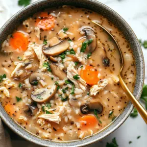 Bowl of creamy chicken and wild rice soup garnished with herbs.