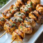 Delicious Garlic Parmesan Ranch Chicken Skewers on a grill platter