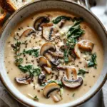 Creamy rotisserie chicken mushroom spinach soup in a bowl with fresh ingredients