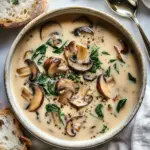 Creamy rotisserie chicken mushroom spinach soup in a bowl