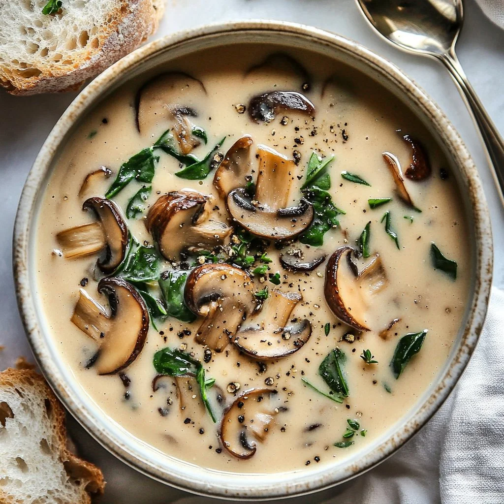 Creamy Rotisserie Chicken Mushroom Spinach Soup