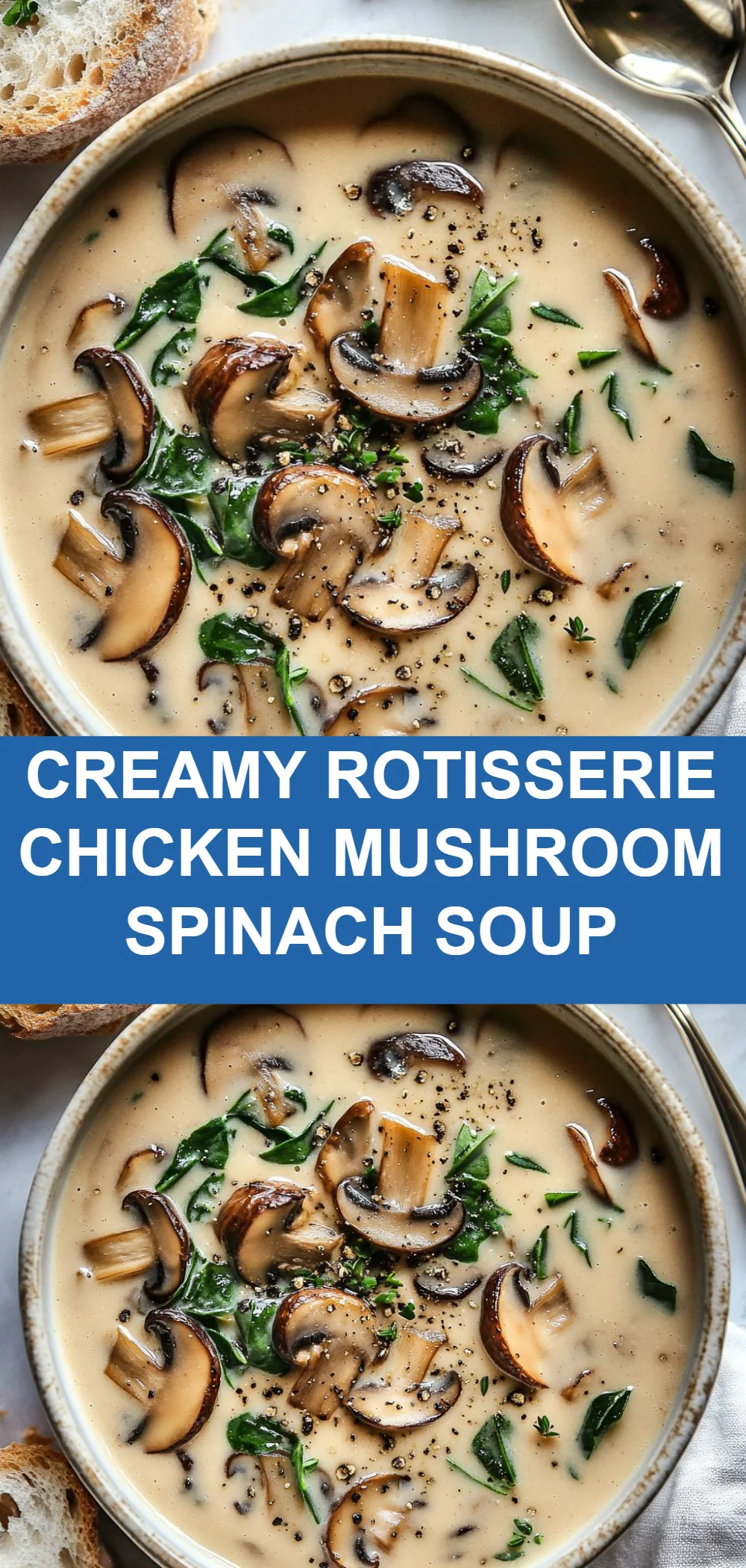 Creamy Rotisserie Chicken Mushroom Spinach Soup