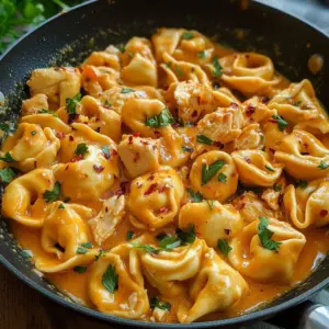 Creamy sun-dried tomato chicken tortellini served in a delicious sauce