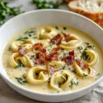 Bowl of Creamy Tuscan Ravioli Soup garnished with herbs and served warm