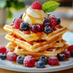 Crispy waffles drizzled with honey butter and topped with fresh berries.