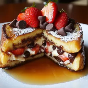 Decadent brunch stuffed French toast topped with syrup and berries