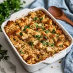 Dolly's Chicken and Stuffing Casserole served in a dish, garnished with herbs