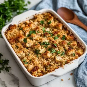 Dolly's Chicken and Stuffing Casserole served in a dish, garnished with herbs