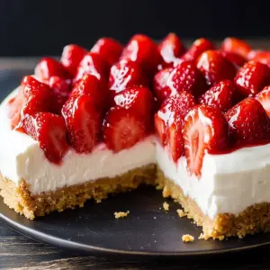 Easy No Bake Cheesecake topped with fresh berries and whipped cream.