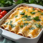 Delicious easy sour cream chicken enchiladas topped with cheese and cilantro