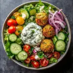 Healthy falafel bowl with cottage cheese and fresh veggies.