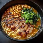 Fiery Chicken Ramen topped with creamy garlic sauce and vibrant vegetables