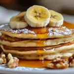 Fluffy banana nut pancakes stacked on a plate with syrup and nuts