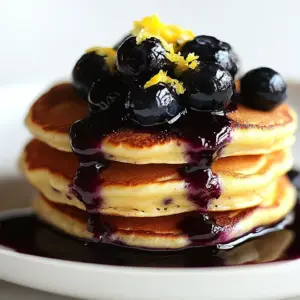 Fluffy lemon ricotta pancakes topped with homemade blueberry syrup