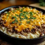 Garlic Butter Beef and Rice Skillet topped with Cheddar Parmesan Sauce