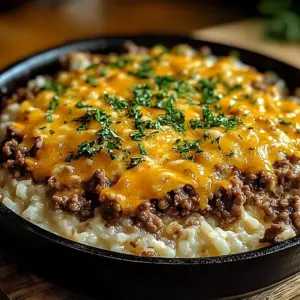 Garlic Butter Beef and Rice Skillet topped with Cheddar Parmesan Sauce