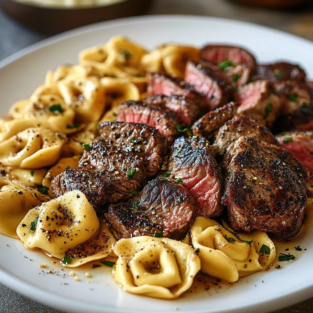 Garlic Butter Steak Bites with Alfredo Tortellini