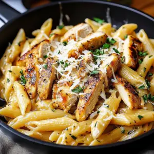 A plate of creamy Garlic Parmesan Chicken Pasta garnished with parsley.