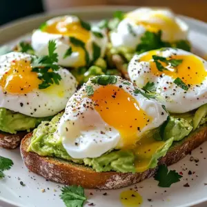 Gluten-free avocado toast with poached eggs on a rustic plate