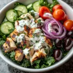 Delicious Greek Tzatziki Chicken Salad Bowl with fresh ingredients and dressing