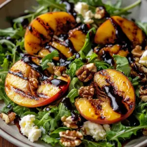 Delicious Grilled Peach Feta Salad Bowl with fresh ingredients