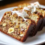 A slice of healthy Greek yogurt banana bread on a wooden board with bananas.