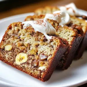 A slice of healthy Greek yogurt banana bread on a wooden board with bananas.