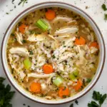 Bowl of hearty chicken and rice soup garnished with herbs